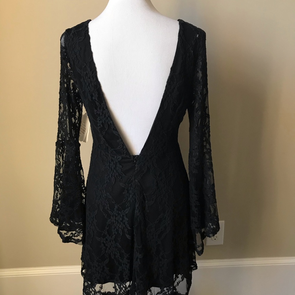 NWT Altar'd State Black Lace Mini Dress Long Bell Sleeves and Low Back - Picture 3 of 9